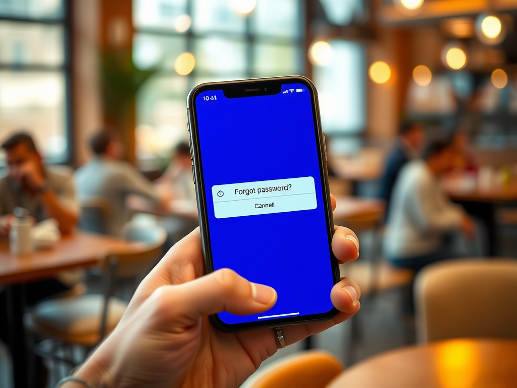 На экране телефона с синим фоном сообщение: «Забыли пароль?» и кнопка «Отмена». В кафе люди за столами.